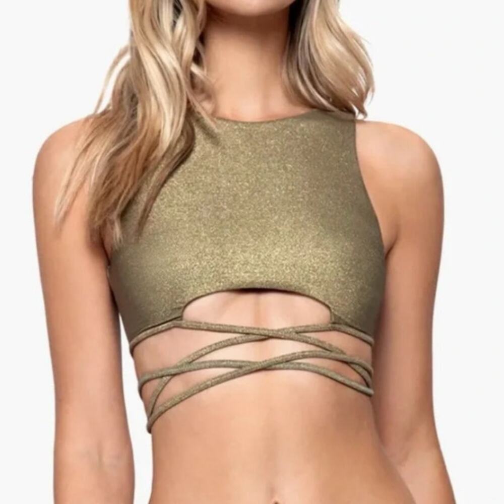 PILYQ PQ SWIM Bikini Top Size Medium NWT Euphoria Sydney Tie Gold Shimmer Swim